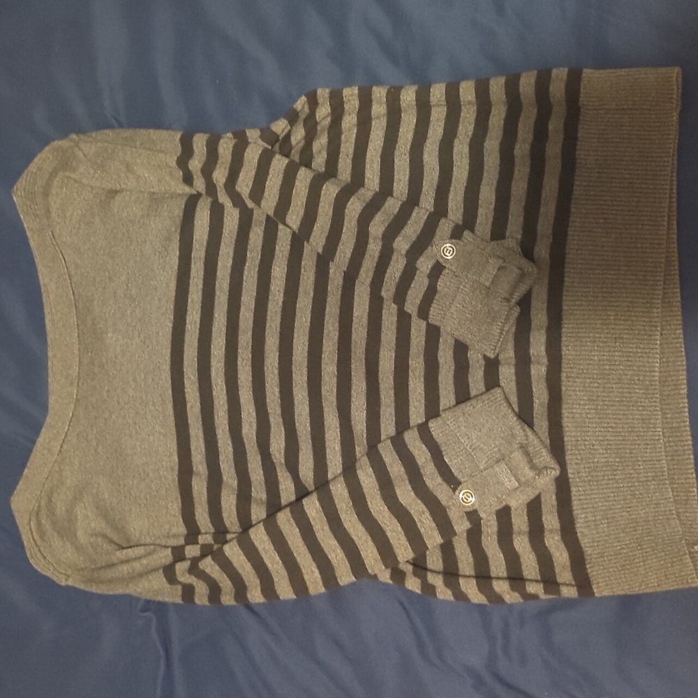Karen Scott Women's Gray and Navy Striped Boatneck Sweater